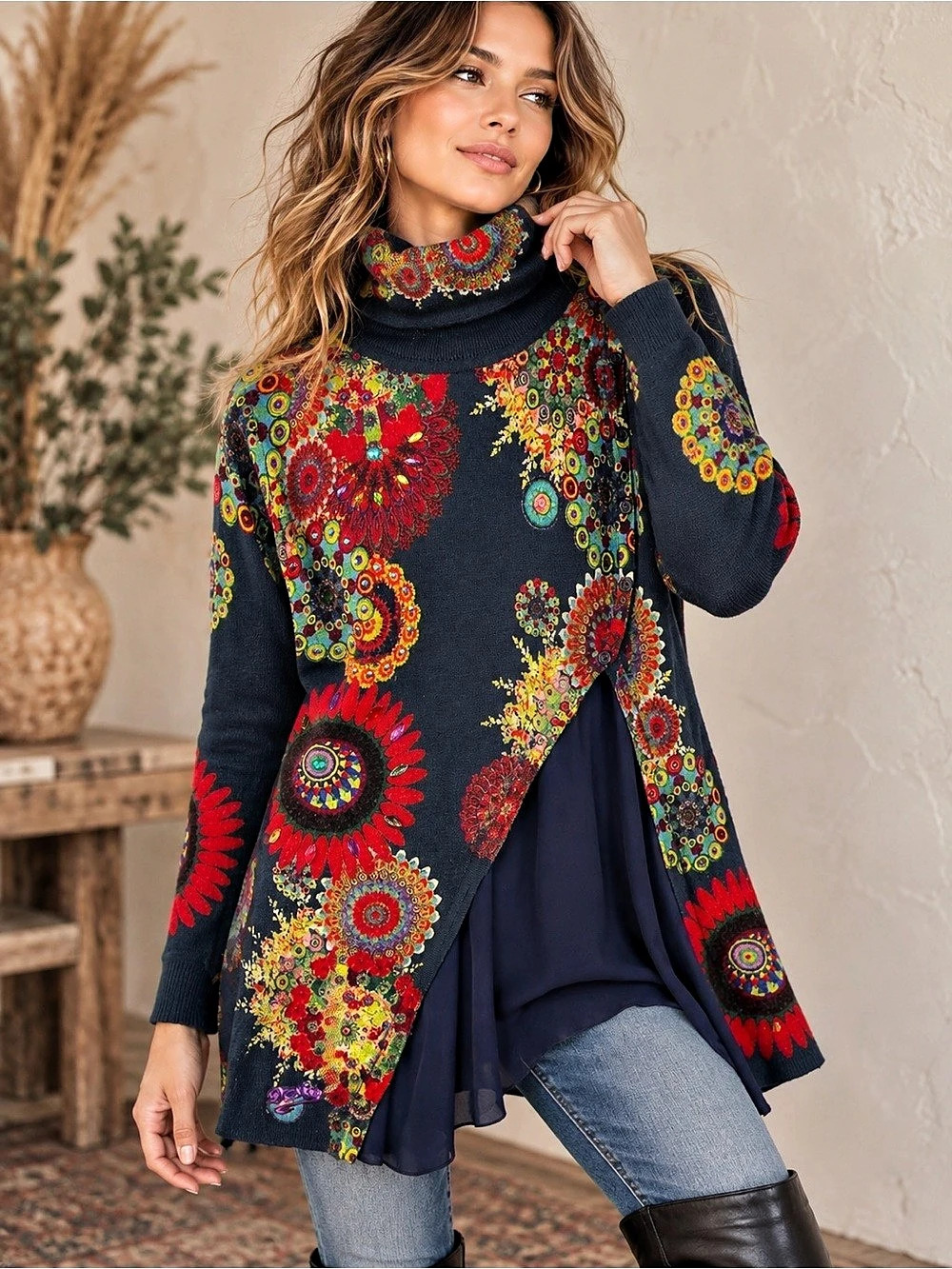 Desigual Chantale Art To Wear Floral Bejeweled Turtleneck Tunic Sweater